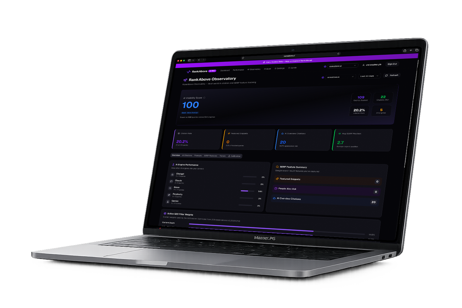 RankAbove dashboard shown on a laptop