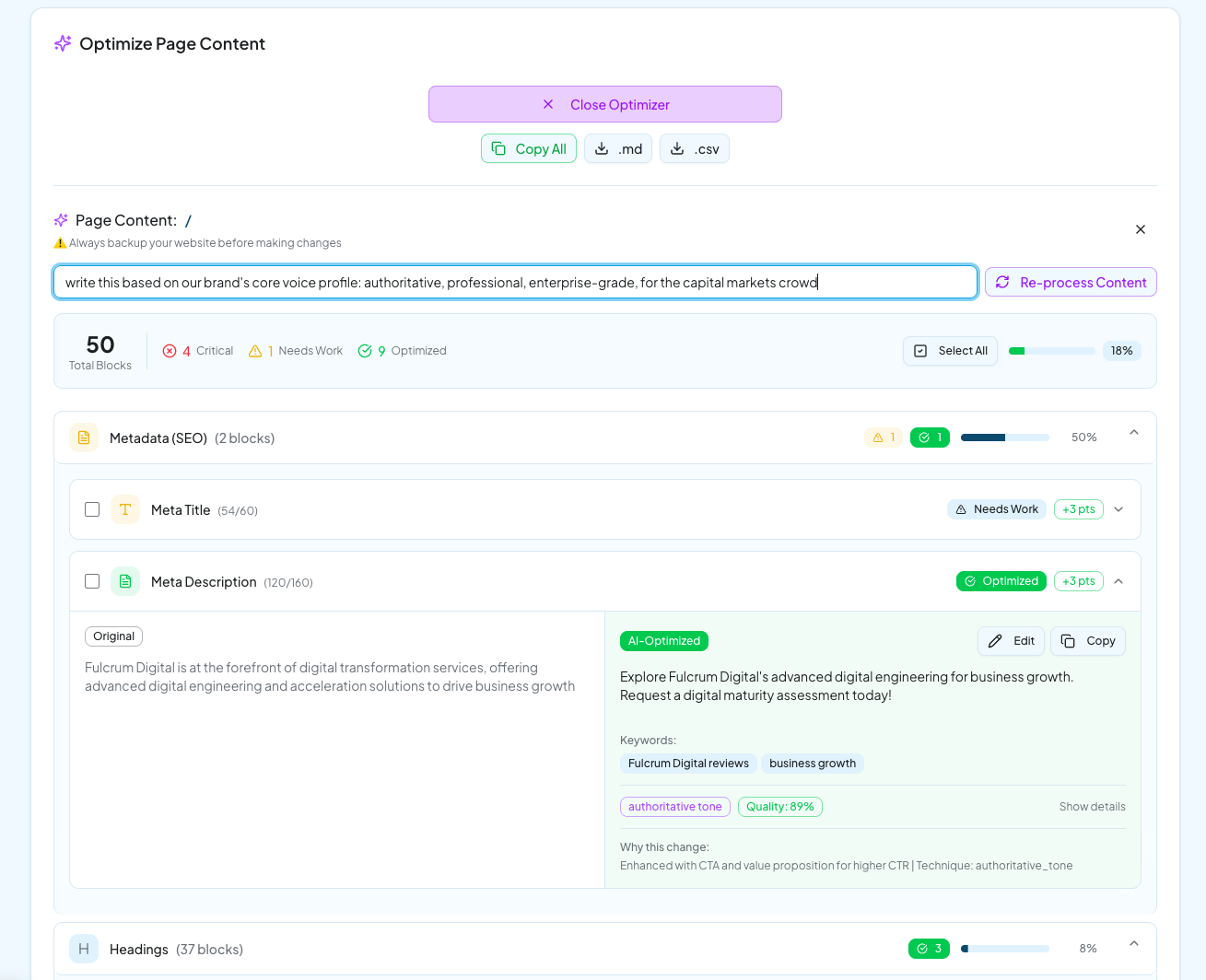 RankAbove Optimize Page Content panel with the Custom Instructions field, block summary, and a Meta Description recommendation showing Original versus AI-Optimized text