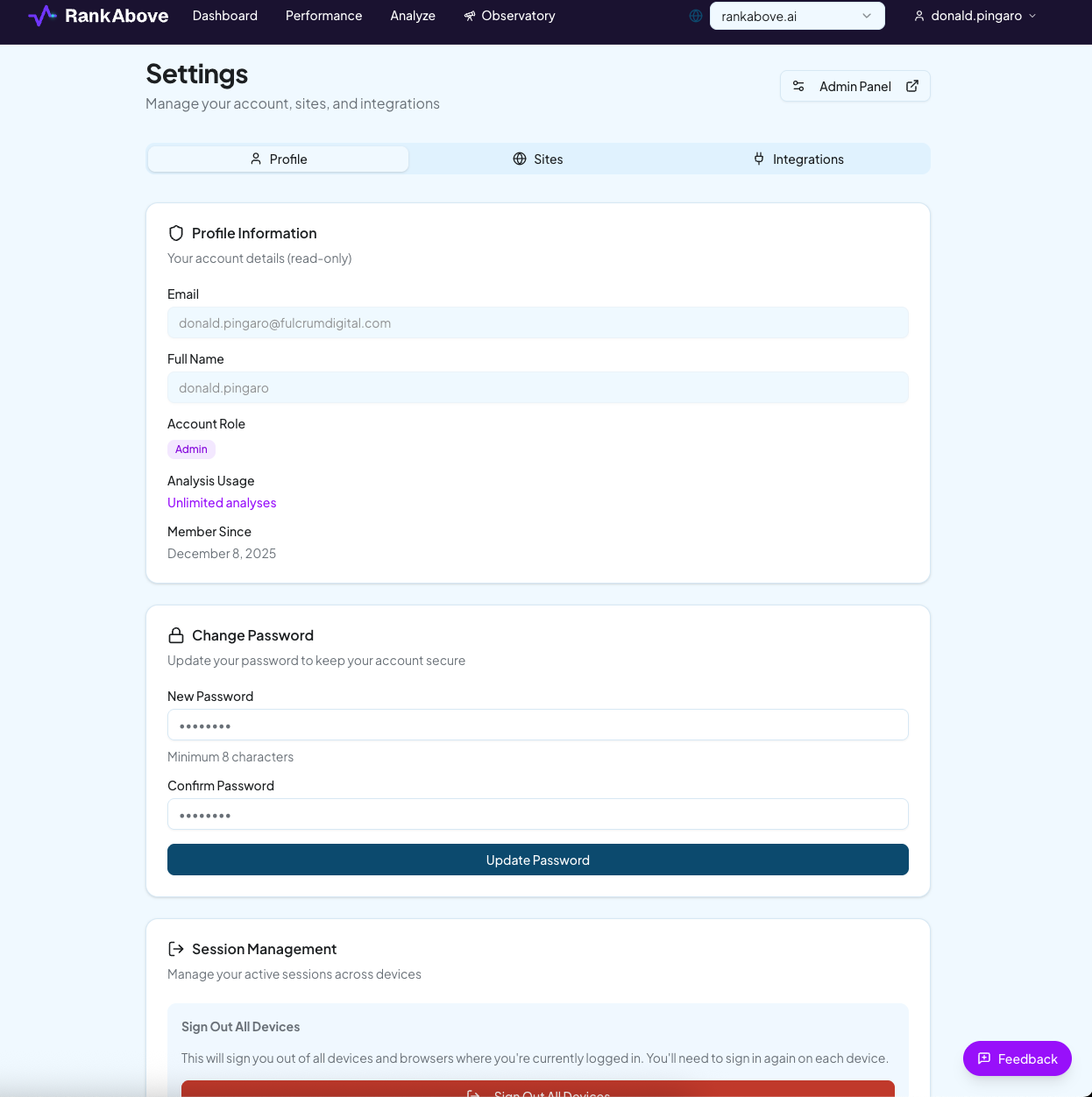 RankAbove Settings page with Profile, Sites, and Integrations tabs
