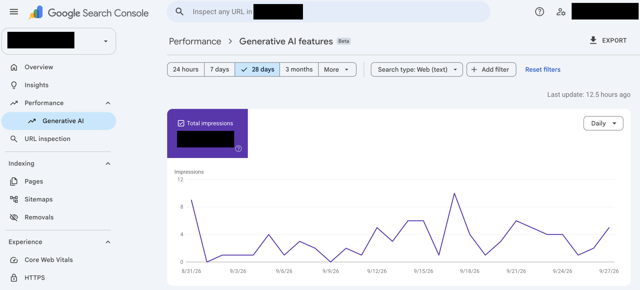 A screenshot of Google Search Console's generative AI performance report showcasing impressions earned from Google's AI-generated search experiences including AI Overviews and AI Mode searches, displaying a chart over time.